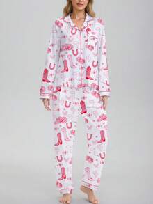 Set de pijamale pentru femei cu imprimeu de cizme de toamnă/iarnă, 2 buc, stil occidental, ținută la modă și frumoasă, top confortabil cu mânecă lungă și guler cămașă și pantaloni lejeri cu talie elastică, pijamale pentru petreceri de sărbători, îmbrăcăminte casual pentru casă în aer liber, haine de toamnă