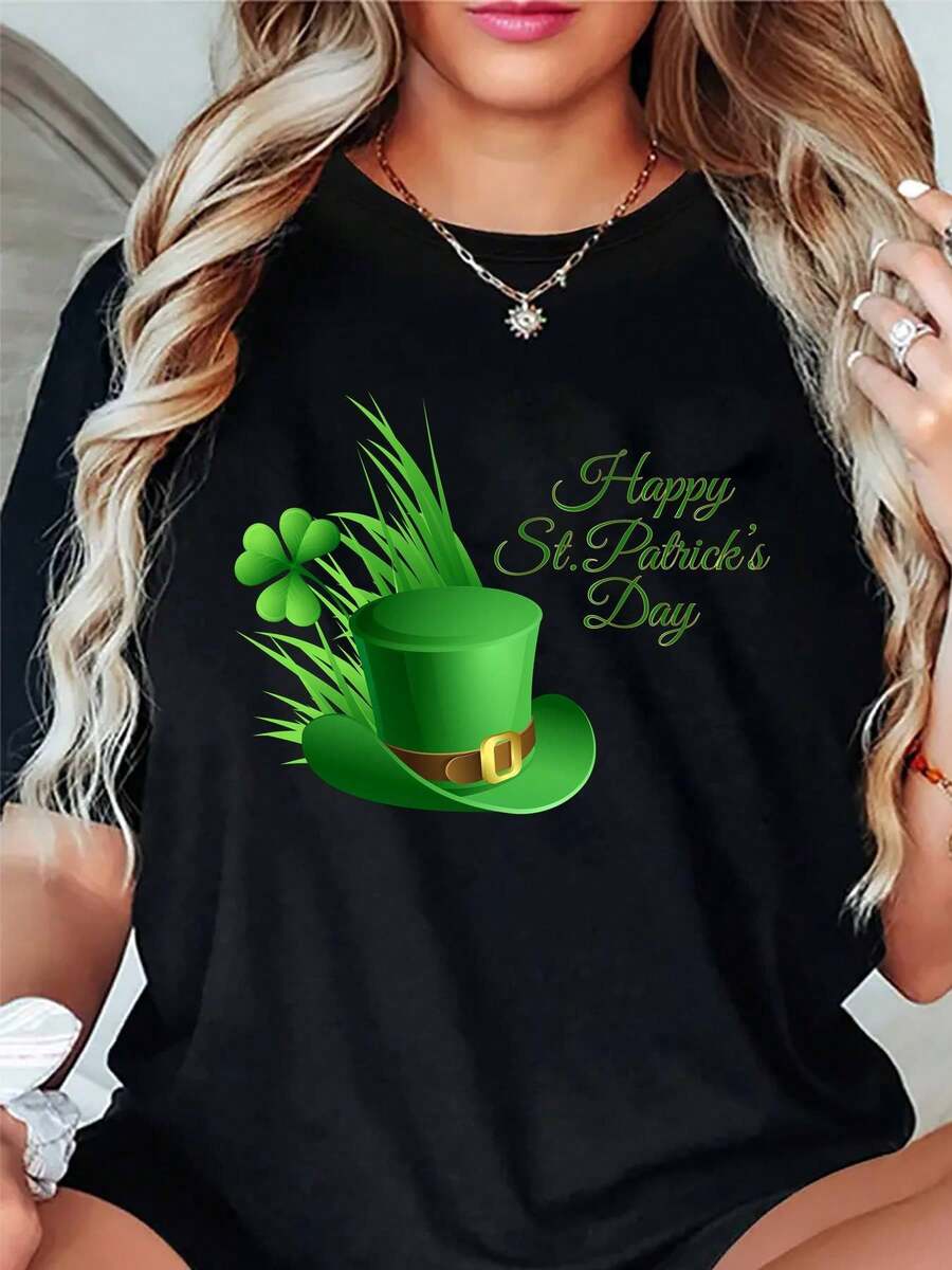 Camiseta Gráfica de San Patricio para Mujer - Estampado Feliz Día de San Patricio con Tréboles y Sombrero de Duende, Blanco con Letras Verdes, Cuello Redondo Casual Deportivo, Ropa Festiva Lavable a Máquina, Camiseta de Celebración, Tejido Elástico Mediano, Estilo Sporty