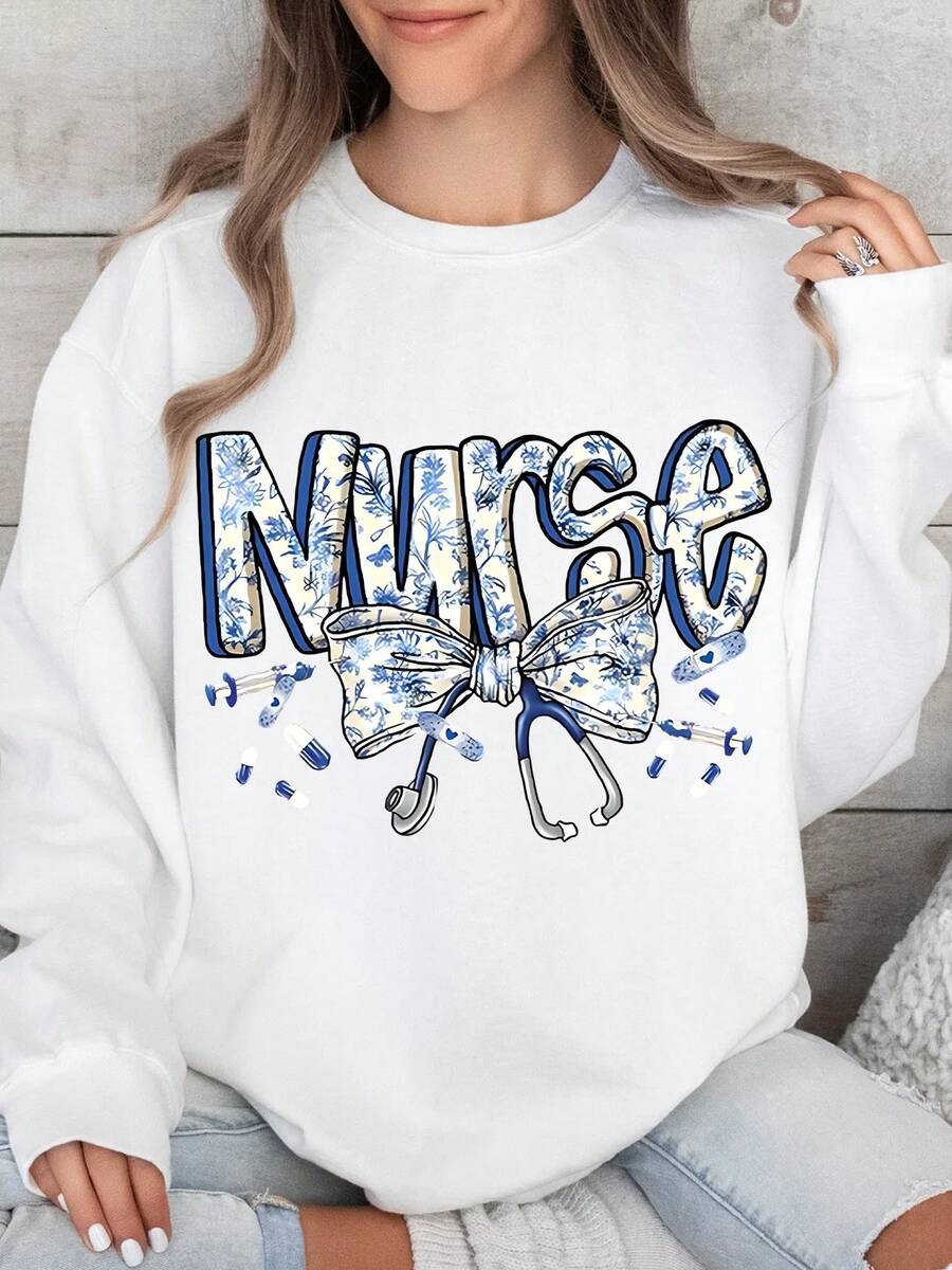 2026 Long Sleeve Tops Women Ladies Round Neck Nurse Bow Sweatshirt Printed Sweatshirt, Long Sleeve Soft Fashion Casual Pullover, Machine Washable, Medium Elasticity, Comfortable Loose Fit Sweater Loose And Comfortable Winter Clothes For Women Plus Size Women Clothes - 白色 - 查看 1
