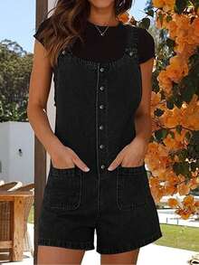 Women's Classic Denim Overalls - Button Front Shorts, Relaxed Fit, Pure Color Vintage Wash - Black - View 4