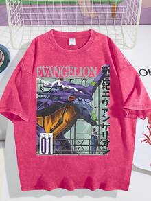 Vintage Washed Evan Gelion Unit-01 T-Shirt | Anime Graphic Tee | 100% Cotton Oversized Streetwear - Hot Pink - View 1