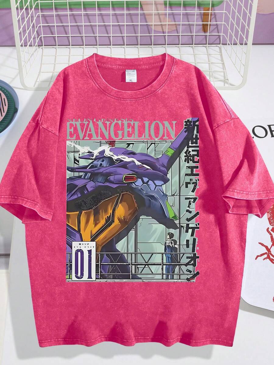 Vintage Washed Evan Gelion Unit-01 T-Shirt | Anime Graphic Tee | 100% Cotton Oversized Streetwear - Hot Pink - View 1