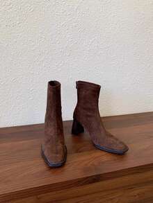 2025秋冬新款法式方头高跟踝靴，时尚麂皮弹力修身粗跟拉链踝靴，优雅时尚 - 棕色 - 查看 2