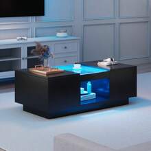 Black Coffee Table 100x50x35.5 Cm – With Glass Top, LED Lighting, App Control, 2 Drawers And 1 Open Compartment - Black - View 4