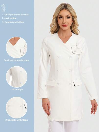 cimmuovere Uniforme de enfermera de cuello en V de manga larga, con múltiples bolsillos, elástico y cómodo, ideal para uso casual, adecuado para ir y venir del trabajo, dentistas, personal de salud, veterinarios y laboratorios