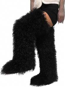 Women's Thigh High Fur Boots Faux Fur Fluffy Flat Warm Over The Knee Boots Tall Furry Snow Shoes For Women - 黑色 - 查看 13