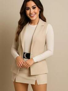 Conjunto 4 Piezas Mini Falda, Chaleco, Blusa y Cinturón. Confeccionado en suave . - Beis - Ver 1