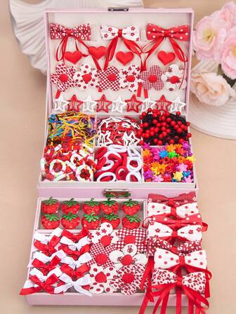 623pcs Red Christmas Cute Girl Hair Accessories Set, Including Ribbons, Bows, Flower Hair Clips, Ribbons, Sequins, Strawberry Hearts, Side Clips, Mini Claws, Elastic Hair Ties, Bamboo Knot Towel Rings, TPU Hair Ties, Suitable For Daily Wear And New Year Party