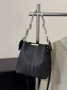 Women's PU Leather Bucket Bag With Chain Decor, Crossbody - Black - View 7