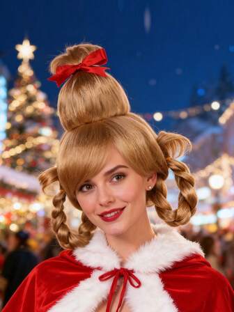 Dubbelflätad uppsättning Blond Anime Cosplay-peruk med lugg För kvinnor Dagligt festbruk Limfria syntetiska flätade peruker För damer Födelsedagspresenter Till jul Thanksgiving Maskerad Helgdag Nattklubb Halloween Firande Comic Con Dekorationer, Naturligt utseende, Nybörjarvänlig