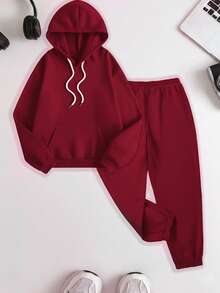 两件套连帽衫+运动裤，可定制个性化感恩节礼物、圣诞节礼物 - 定制女士运动卫衣，可添加您自己的文字/图片（徽章设计/公司标志/家庭照片/自拍）来设计您专属的个性化印花卫衣，送给女朋友的礼物，情侣约会服，运动卫衣 - 酒紅色 - 查看 3