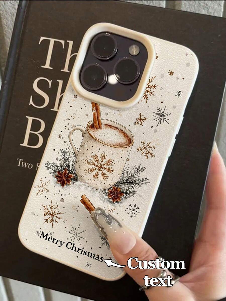 1pc Customized Name & Blessing Text Christmas Themed Cute Pattern Phone Case Cover - White - View 1