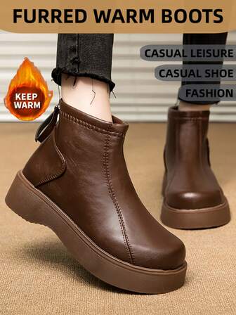 Women's Leather Boots, Thick Sole Chunky Heel, Warm Lining, Versatile Classic Black Ankle Boots For Outdoor, Commute, Office, Suitable For Various Occasions, Retro Style, Fuzzy Lining Winter Boots Essential