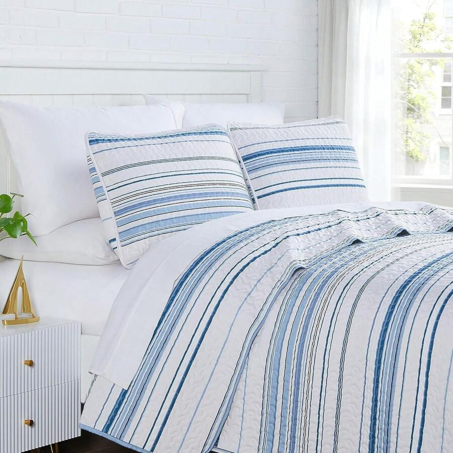 Full/Queen Quilt Bedding Set, Microfiber Quilts Queen Size, Coverlet, Stain & Pet Hair Resistant Bedding, Full Size Bedspread With 2 Pillow Shams, Bone, 2025 - 42 - 海岸條紋藍 - 查看 1