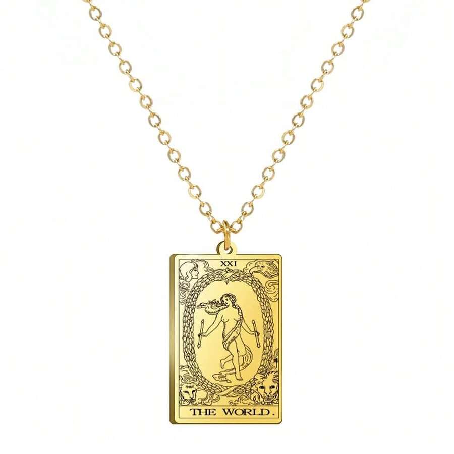 TEAMER Stainless Steel Tarot Cards Necklace Vintage Tarot Jewelry Good Luck Amulet Pendants For Women{Inchcolor_nameinch:InchGold-THEWORLDinch} - 黃金-THEWORLD - 查看 1
