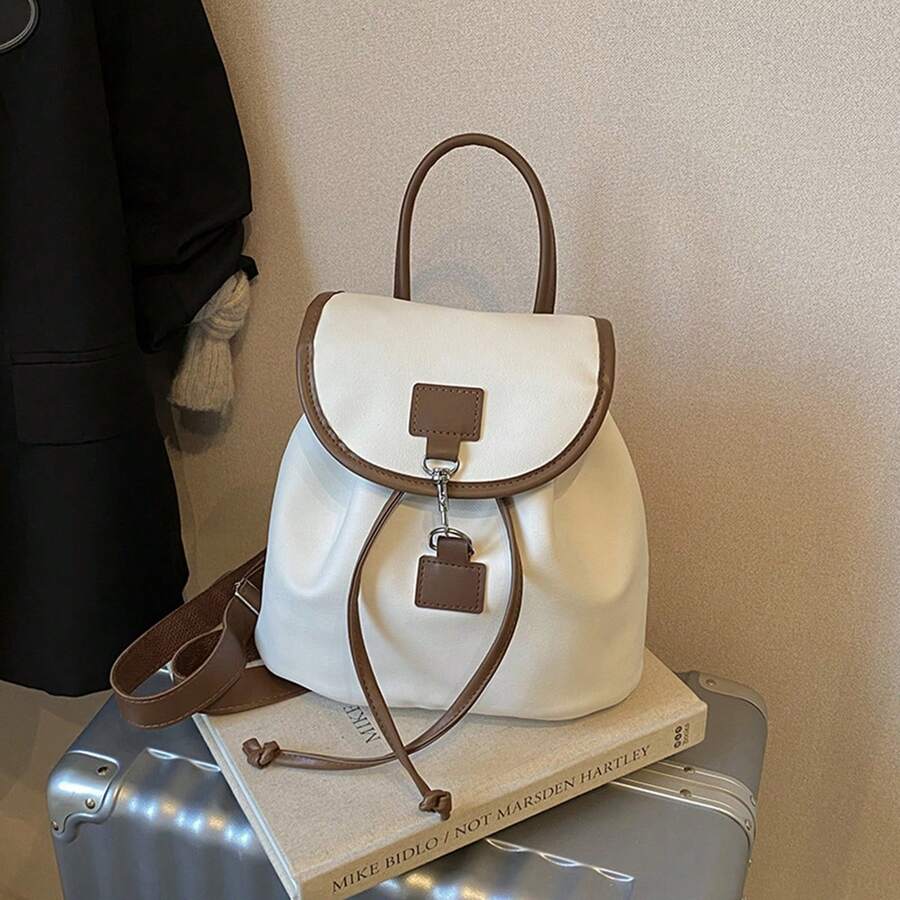 Mini mochila vintage para mujer con detalles marrones y asa superior, mochila informal de moda para uso diario y viajes. - Blanco - Ver 1