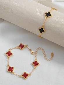 Set de 2 pulseras clásicas con trébol de cuatro hojas de la suerte en negro, blanco, verde y rojo - Rojo y Negro 1 - Ver 3