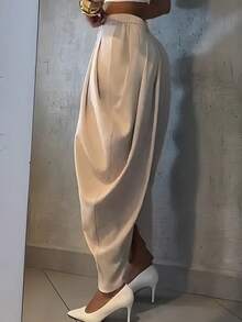 女士优雅休闲裤，纯色金属纽扣不对称设计，适合办公室和日常穿着，春夏款 - 杏色 - 查看 4