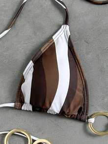 LUCKY HOLIDAY Conjunto de bikini de vacaciones de verano con triángulo y lazos laterales de oro con estilo sexy y elegante - Café con leche - Ver 4