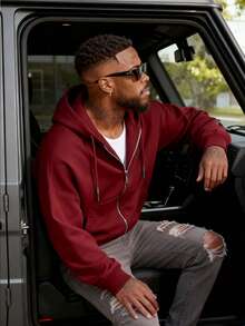 男士休闲运动卫衣 - 纯色，长袖，针织面料，H型版型，适合徒步旅行和户外活动，涤纶材质，圆领，秋冬季运动风 - 紅色 - 查看 4