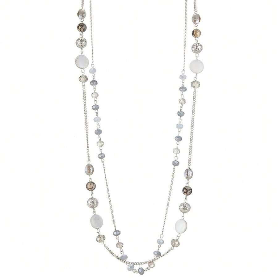 Noessla Layered Long Necklaces For Women Crystal Beaded Statement Necklace Sweater Silver Chain With Gifts Box Jewelry{Inchcolor_nameinch:InchGreyinch} - 灰色 - 查看 1