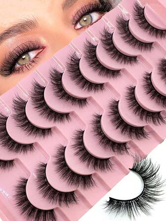 10对自然短款D卷蓬松俄罗斯仿貂毛假睫毛，3D浓密纤长猫眼假睫毛，化妆睫毛嫁接套装，可重复使用，适用于派对、婚礼等场合。