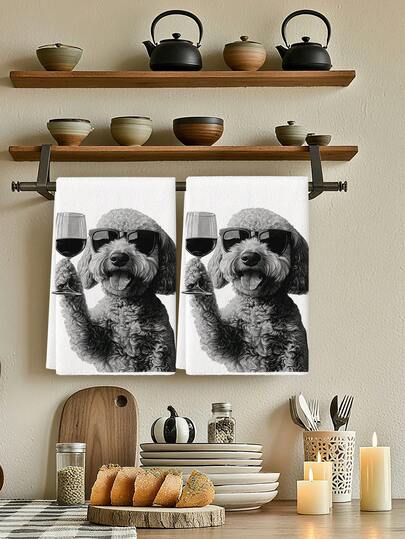 2 件装小狗抱酒杯图案厨房抹布农舍风格餐厅浴室装饰手巾