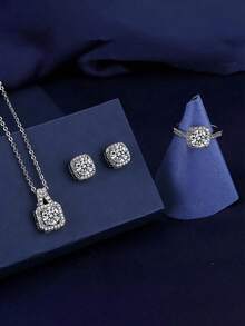 4 piezas/set lujo forma cuadrada con diamante de imitación incrustado Collar , Pendientes , Set de anillo , adecuado para fiesta & Vestido de vestir Accesorio - Blanco - Ver 2