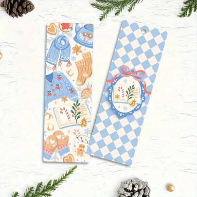 2 piezas de marcapáginas de doble cara con impresión de temas invernales, de colores vibrantes - excelente para amantes de los libros, regalos de Halloween y Navidad, suministros para el hogar/oficina/escuela, incluye 2 borlas de colores aleatorios