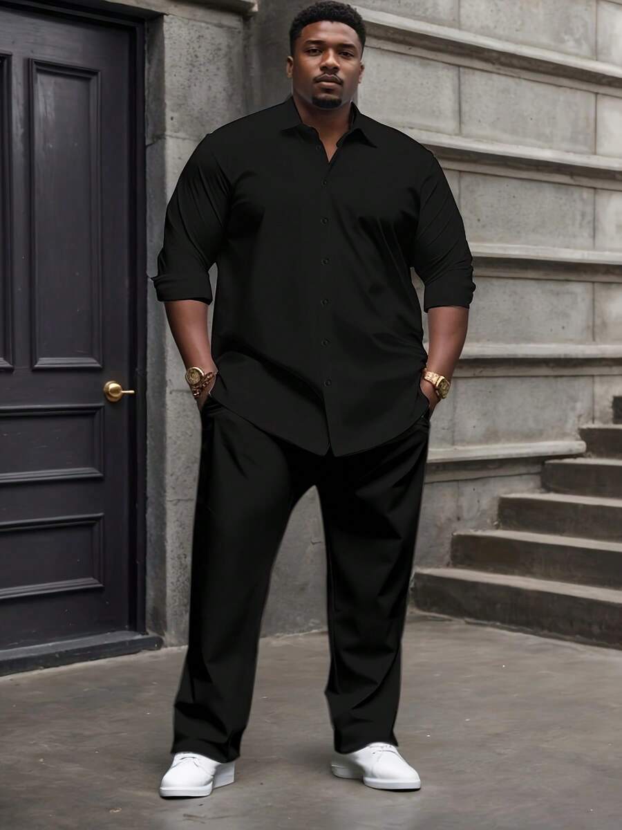 Plus-Size Men's Casual Set, Solid Color Two-Piece, Machine Washable - Black - View 1