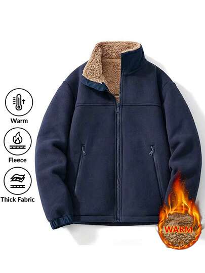 Chaqueta de forro polar con cuello alto para hombres, diseño con bolsillo con cremallera portátil y puños elásticos, chaqueta de forro polar gruesa y cálida, cómoda y sencilla de usar.