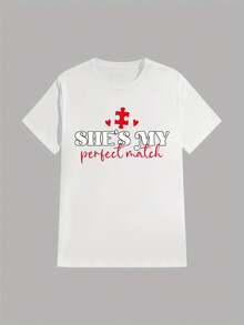 Valentine'S Day Matching Couple And Valentine'S Letter Print T-Shirt, Short Sleeve Crew Neck Casual Top For Summer & Spring, Women'S Clothing - 女款-黑色 - 查看 7