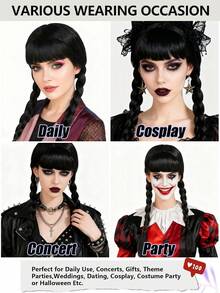 24英寸长黑色合成双辫直发假发，带刘海，适合女孩角色扮演、万圣节派对、学校嘉年华、音乐会、度假摄影、主题活动、动漫展等场合。 - 黑色 - 查看 4