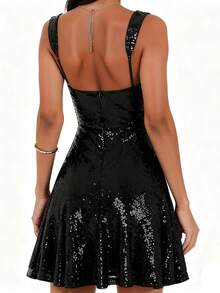 Women's Sequined Mini Dress A Line Stylish Sparkly Solid Color Square Neck Sleeveless Tank Dress - Black - View 6