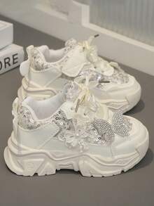 1 Pair Girls' Breathable Mesh Sports Shoes, Girls' Non-Slip Soft Bottom Comfortable Casual Shoes, Convenient Hook And Loop Design - 米色 - 查看 2