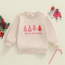 Toddler Boy Girl Christmas Sweatshirt Letter Tree Print Long Sleeve Round Neck Pullover Loose Tops - Beis - Ver 1