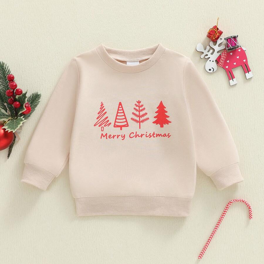 Toddler Boy Girl Christmas Sweatshirt Letter Tree Print Long Sleeve Round Neck Pullover Loose Tops - Beis - Ver 1