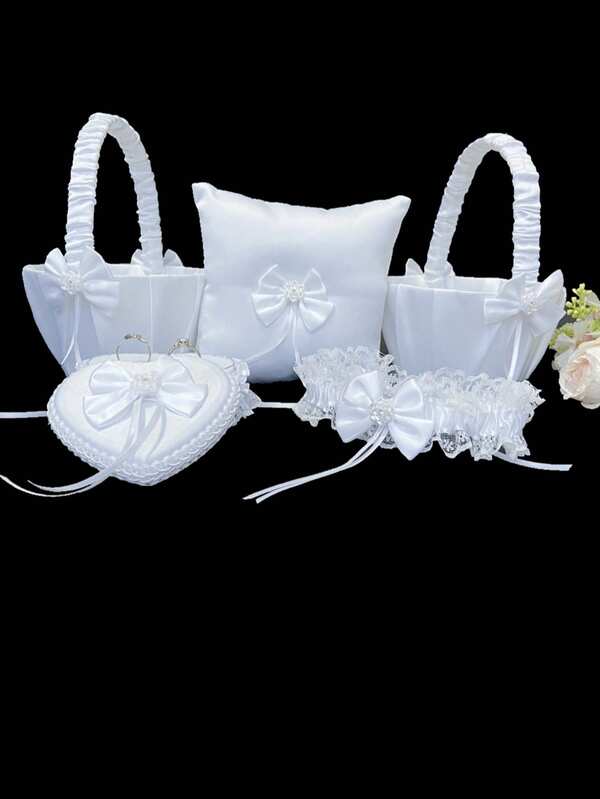 3pcs Wedding Accessories Set: White Satin Lace Bow Flower Basket + Ring Pillow + Garter, Elegant Decor For Bride And Flower Girl Wedding Ceremony