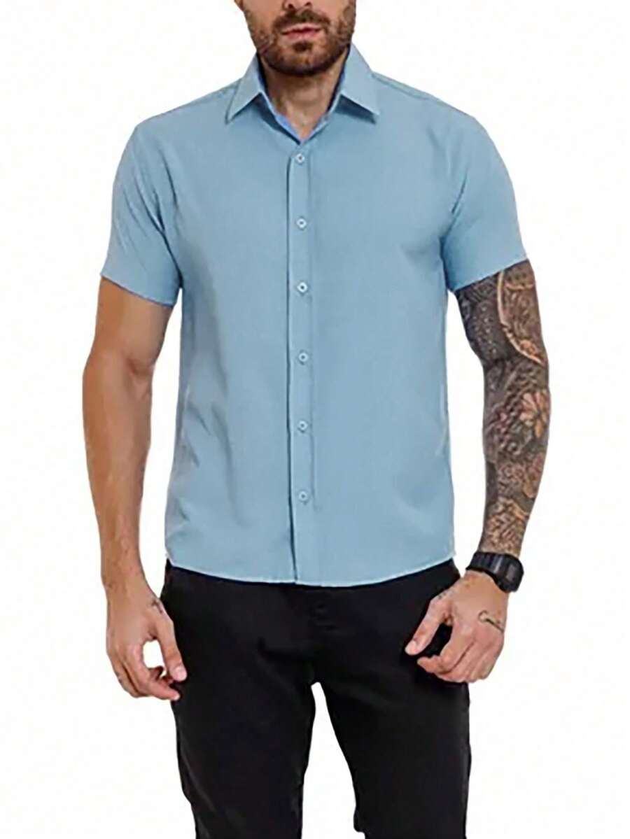 Men's Basic Plain Short-Sleeved Dress Shirt For Summer - 淺藍色 - 查看 1