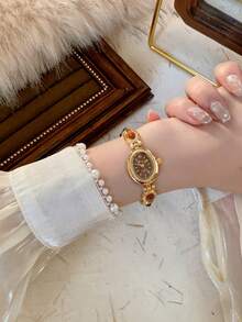 1pc Women's Gold/Green Wrist Watch, Minimalist New Small Dial Design, Elegant & Fashionable, Quartz Movement, Suitable For Daily Wear/Party - 棕色 - 查看 3