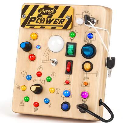 Joyreal Busy Board, Wooden Fidget Sensory Toy For Toddlers 18 Months And Up, Activity Board With 19 LED Lights, Educational Travel Toy For Boys And Girls Ages 2, 3, And 4, Great As A Christmas, Halloween, And Birthday Gift