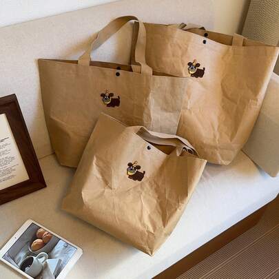 A New Cartoon Simple Large Capacity Tote Bag For Dogs, Cowhide Paper Handbag, Suitable For Business Trips And Commuting, Versatile Shoulder Bag