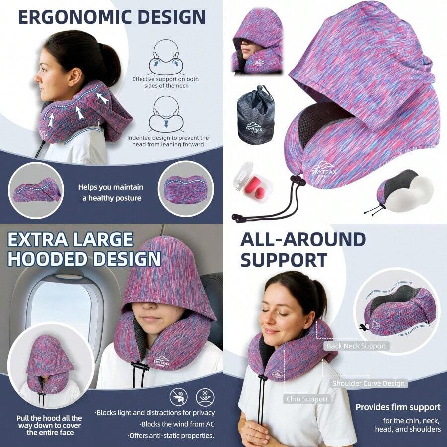 Travel Pillow With Extra Large Hood For Airplane Long Flights Privacy And Comfort Memory Foam With Skin-Friendly Cover For Road Trip HeadandNeck Support For Plane Office Cars Sleeping And Rest Colorful Gift - 豐富多彩的 - 查看 1