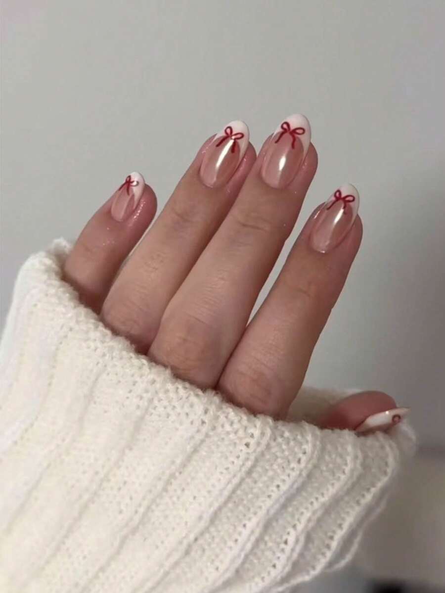 24pcs/Set Short Oval Cute Bow Pattern Shiny French Nail Tips, Acrylic Material, Includes: 1pc Jelly Glue And 1pc Nail File. - Multicolor - View 1