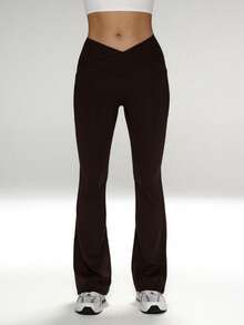 显瘦高腰设计，内置口袋，喇叭裤腿，高腰喇叭瑜伽裤，收腹运动紧身裤，带口袋健身裤，高腰收腹喇叭紧身裤带口袋 - 棕色 - 查看 6