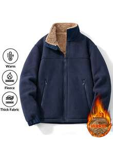 Chaqueta de forro polar con cuello alto para hombres, diseño con bolsillo con cremallera portátil y puños elásticos, chaqueta de forro polar gruesa y cálida, cómoda y sencilla de usar.