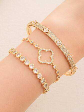 Flower & Four-Leaf Clover Zirconia Bracelet & Bangle Set, Luxury Fashion Jewelry For Daily Wear