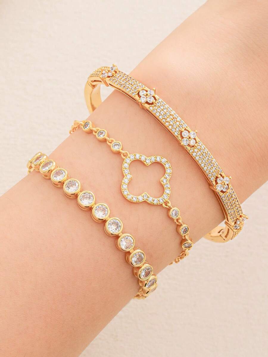 Ensemble de bracelets et de joncs avec fleurs et trèfles à quatre feuilles en zircone, bijoux de mode de luxe pour un port quotidien - Multicolore - Voir 1