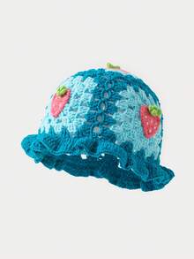 1pc Women's Fashion Hollow Strawberry Cherry Handmade Crochet Wavy Edge Knit Hat, Suitable For Autumn/Winter Daily Warmth And Travel Outfits - A - View 19