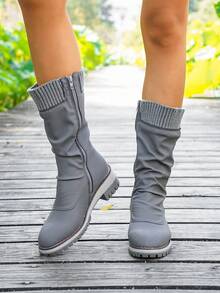 Încălțăminte de damă, Ghete la modă de damă, Ghete până la jumătatea gambei de damă, Ghete noi din piele și tricot cu manșetă până la jumătatea gambei, Ghete elegante de damă cu vârf rotund, versatile și la modă, Ghete de damă cu talpă groasă și fermoar lateral, Ghete la modă de damă pentru exterior